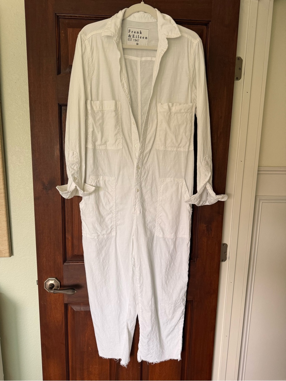 Frank & Eileen White Cotton Long-Sleeve Utility Jumpsuit